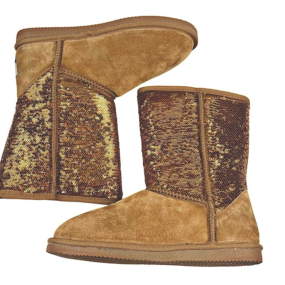 Lamo Asbery Tan Suede/Gold Glitter Pull On Boots Size 8